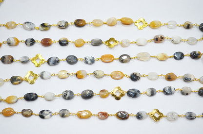 Dendrite Opal Smooth Oval Shape Rosary Beaded Chain , Dendrite Opal With Quatrefoil Clover Wire Wrapped Chain , 8 - 10 mm , RB-5727