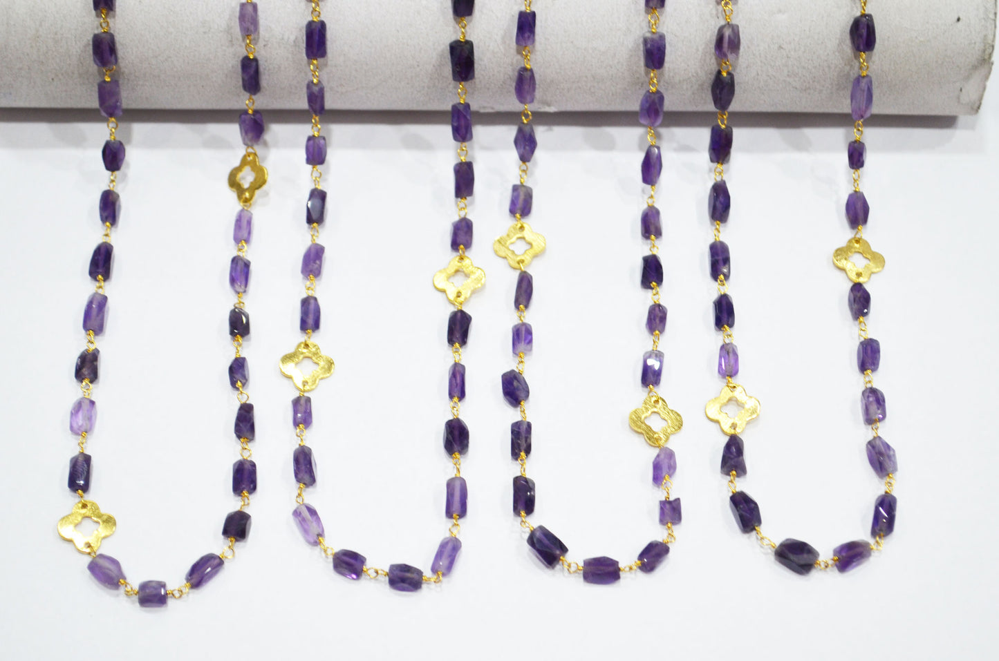 Amethyst Faceted Barrel Shape Rosary Beaded Chain , Amethyst Barrel Shape With Quatrefoil Clover Wire Wrapped Chain , 5 - 9 mm , RB-5728