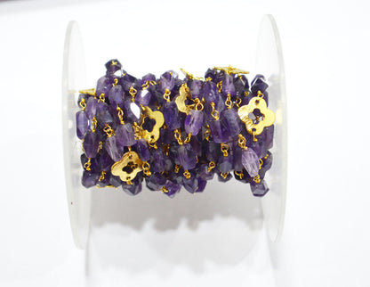 Amethyst Faceted Barrel Shape Rosary Beaded Chain , Amethyst Barrel Shape With Quatrefoil Clover Wire Wrapped Chain , 5 - 9 mm , RB-5728