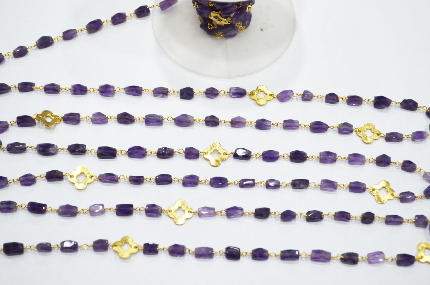 Amethyst Faceted Barrel Shape Rosary Beaded Chain , Amethyst Barrel Shape With Quatrefoil Clover Wire Wrapped Chain , 5 - 9 mm , RB-5728