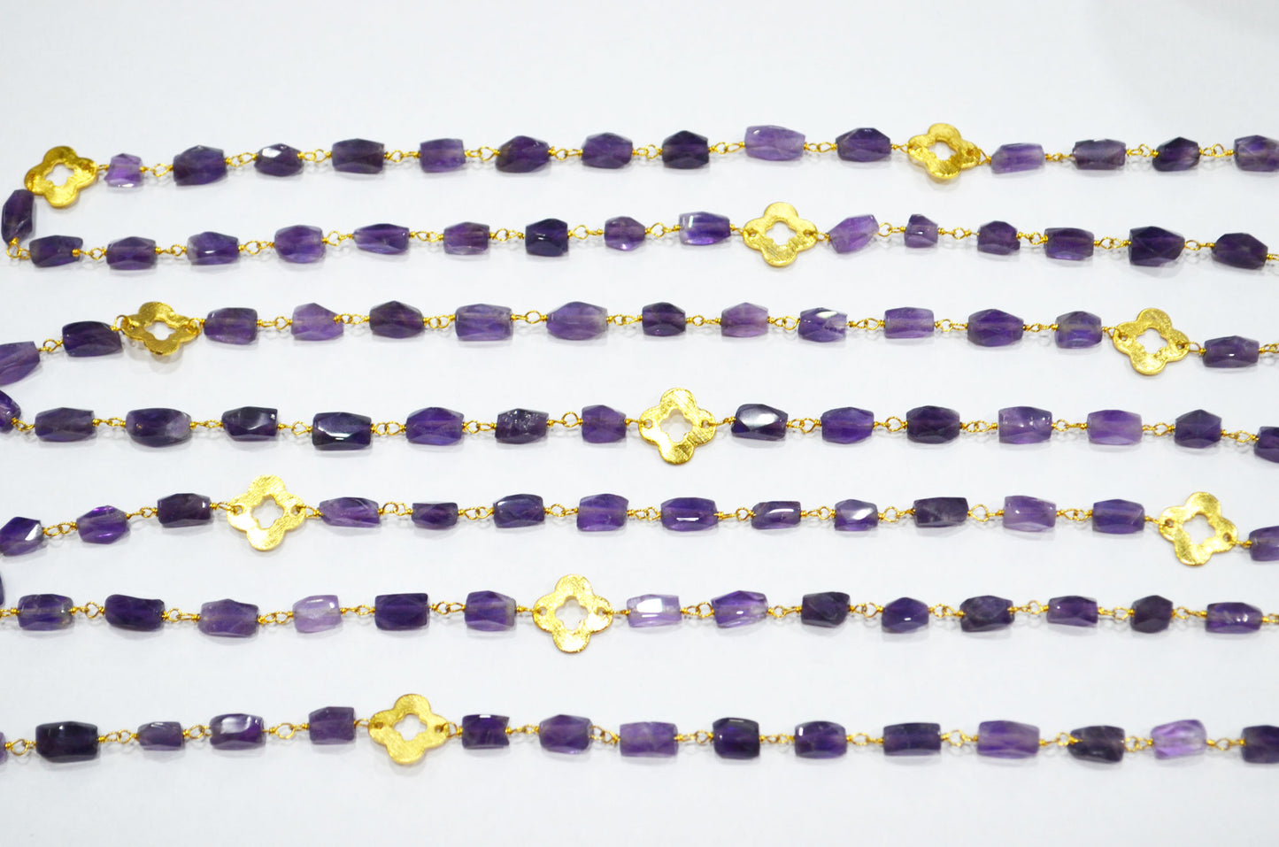 Amethyst Faceted Barrel Shape Rosary Beaded Chain , Amethyst Barrel Shape With Quatrefoil Clover Wire Wrapped Chain , 5 - 9 mm , RB-5728