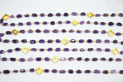 Amethyst Faceted Barrel Shape Rosary Beaded Chain , Amethyst Barrel Shape With Quatrefoil Clover Wire Wrapped Chain , 5 - 9 mm , RB-5728