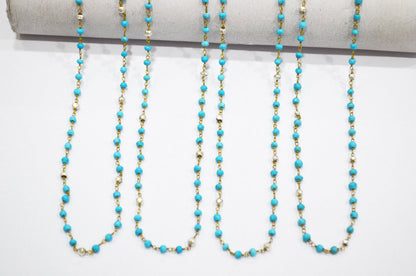 Turquoise Faceted Rondelle Shape Rosary Beaded Chain , Turquoise With Gold Pyrite Rondelle Wire Wrapped Chain , 3.50 - 3.75 mm , RB-5733