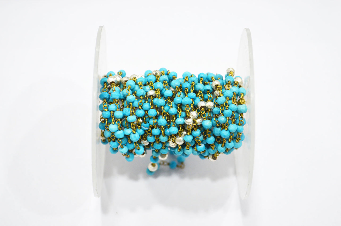 Turquoise Faceted Rondelle Shape Rosary Beaded Chain , Turquoise With Gold Pyrite Rondelle Wire Wrapped Chain , 3.50 - 3.75 mm , RB-5733