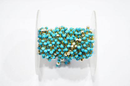 Turquoise Faceted Rondelle Shape Rosary Beaded Chain , Turquoise With Gold Pyrite Rondelle Wire Wrapped Chain , 3.50 - 3.75 mm , RB-5733