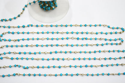 Turquoise Faceted Rondelle Shape Rosary Beaded Chain , Turquoise With Gold Pyrite Rondelle Wire Wrapped Chain , 3.50 - 3.75 mm , RB-5733