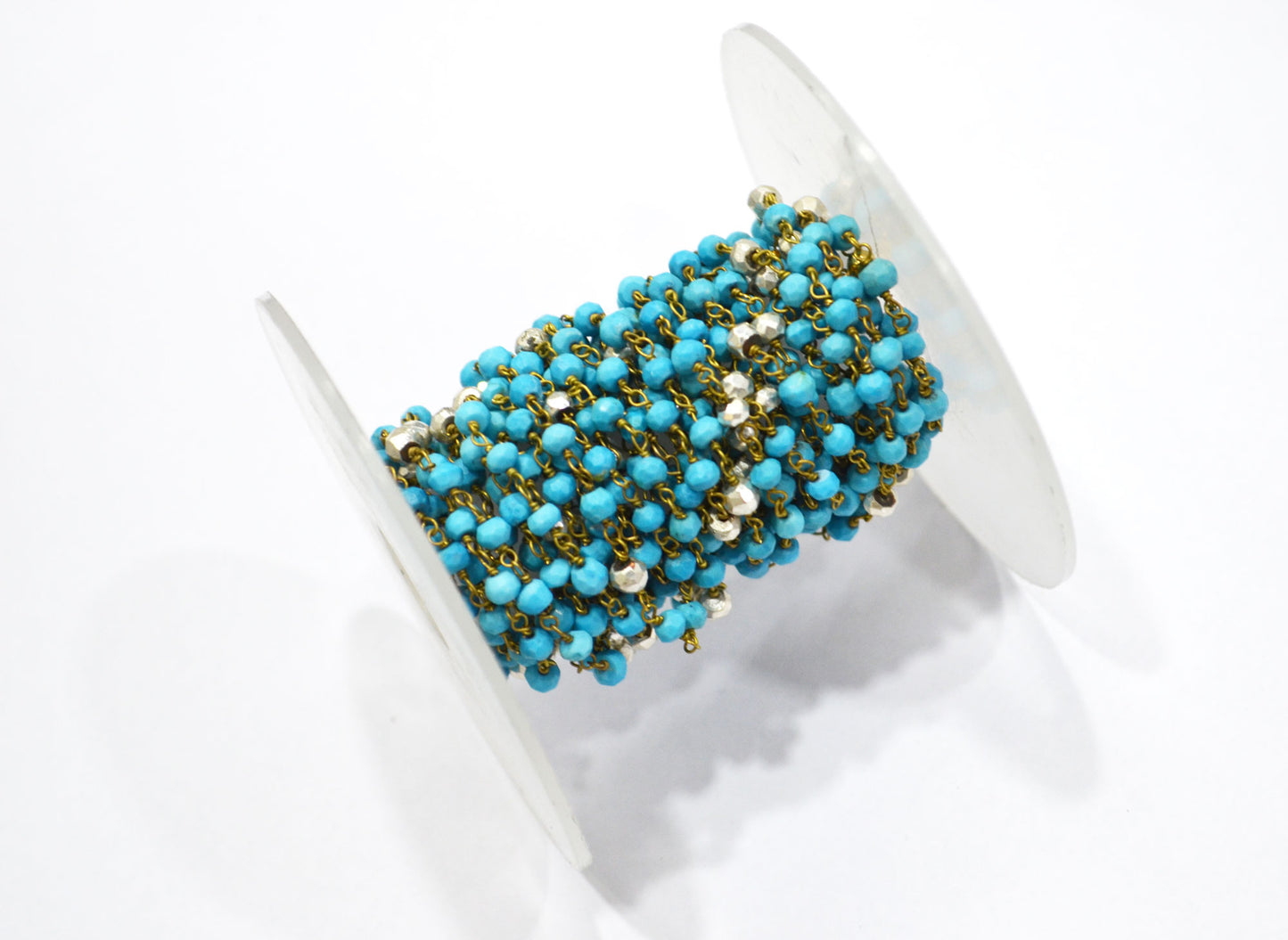 Turquoise Faceted Rondelle Shape Rosary Beaded Chain , Turquoise With Gold Pyrite Rondelle Wire Wrapped Chain , 3.50 - 3.75 mm , RB-5733