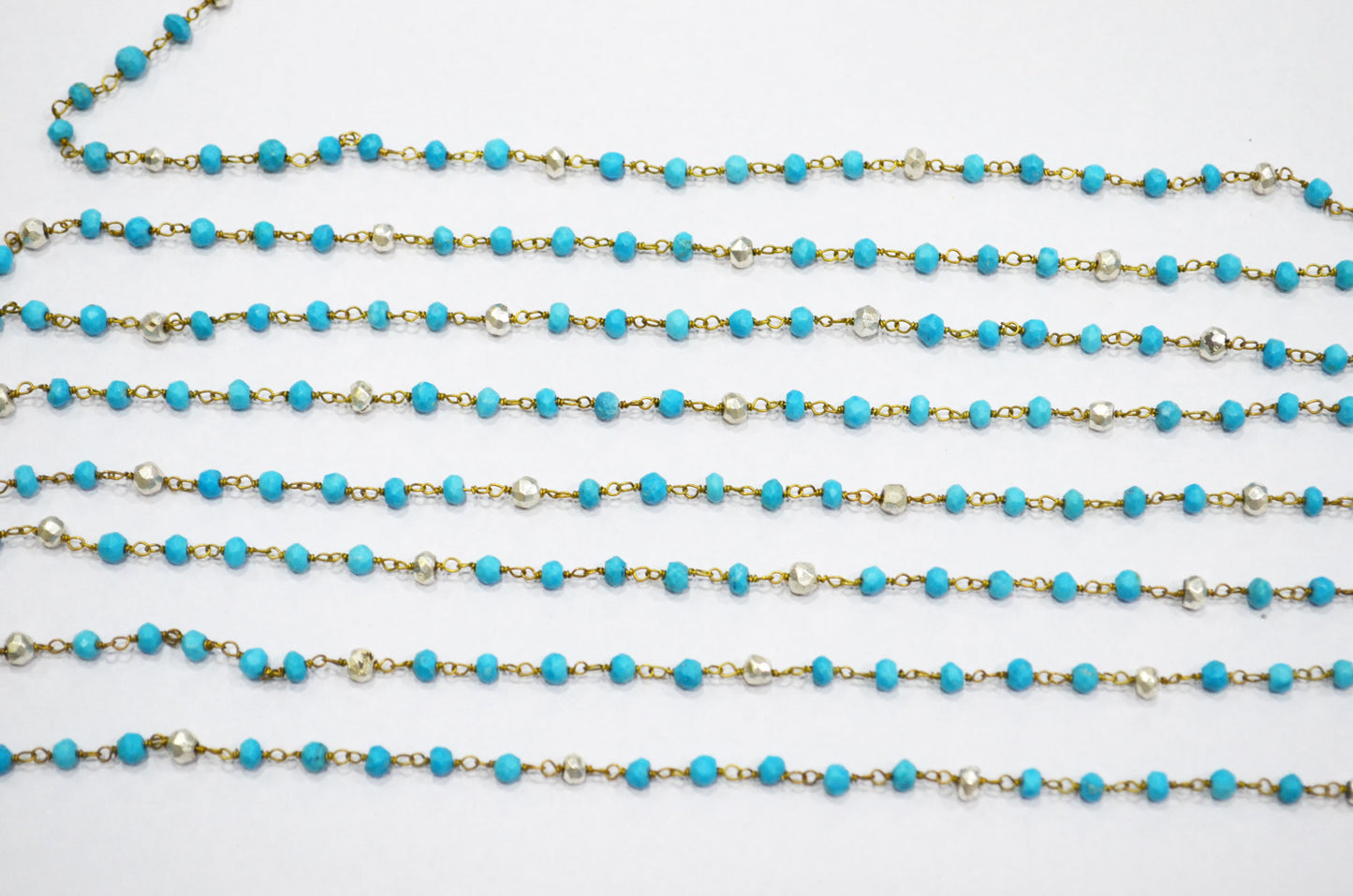 Turquoise Faceted Rondelle Shape Rosary Beaded Chain , Turquoise With Gold Pyrite Rondelle Wire Wrapped Chain , 3.50 - 3.75 mm , RB-5733