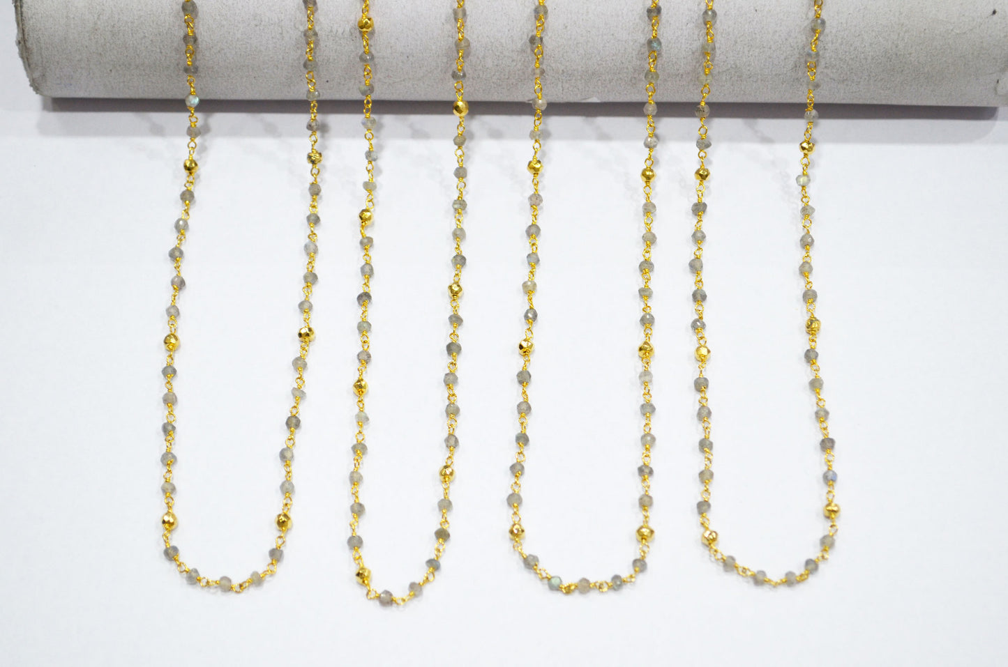 Labradorite Faceted Rondelle Shape Rosary Beaded Chain , Labradorite With Gold Pyrite Rondelle Wire Wrapped Chain , 3 - 3.25 mm , RB-5734