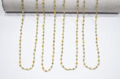 Labradorite Faceted Rondelle Shape Rosary Beaded Chain , Labradorite With Gold Pyrite Rondelle Wire Wrapped Chain , 3 - 3.25 mm , RB-5734