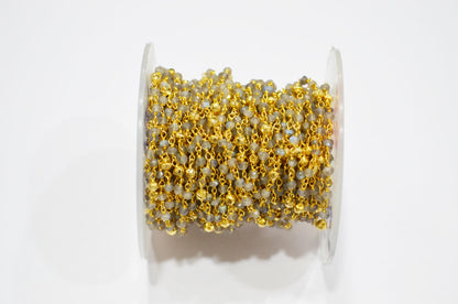 Labradorite Faceted Rondelle Shape Rosary Beaded Chain , Labradorite With Gold Pyrite Rondelle Wire Wrapped Chain , 3 - 3.25 mm , RB-5734