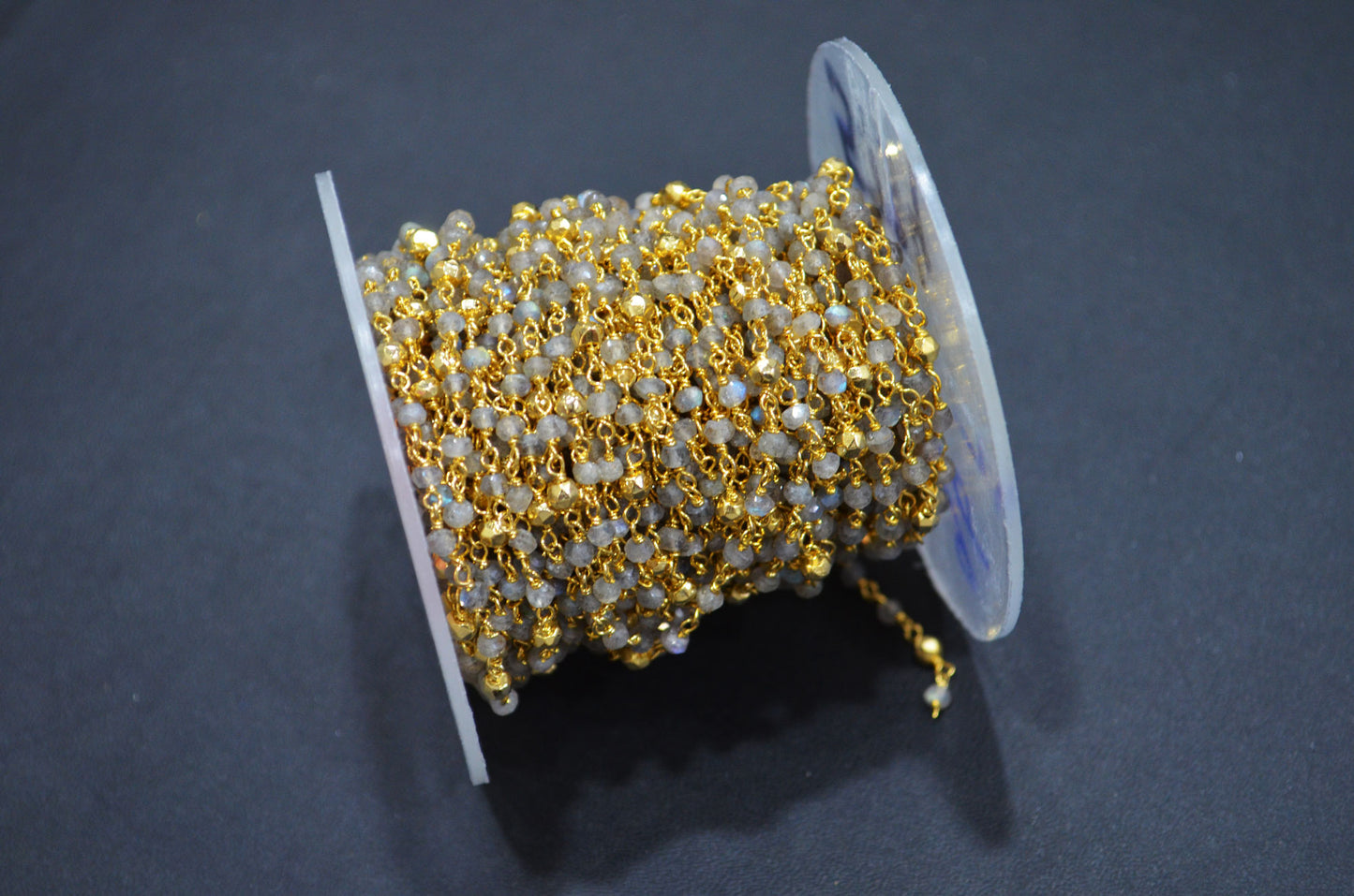 Labradorite Faceted Rondelle Shape Rosary Beaded Chain , Labradorite With Gold Pyrite Rondelle Wire Wrapped Chain , 3 - 3.25 mm , RB-5734