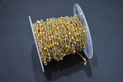 Labradorite Faceted Rondelle Shape Rosary Beaded Chain , Labradorite With Gold Pyrite Rondelle Wire Wrapped Chain , 3 - 3.25 mm , RB-5734