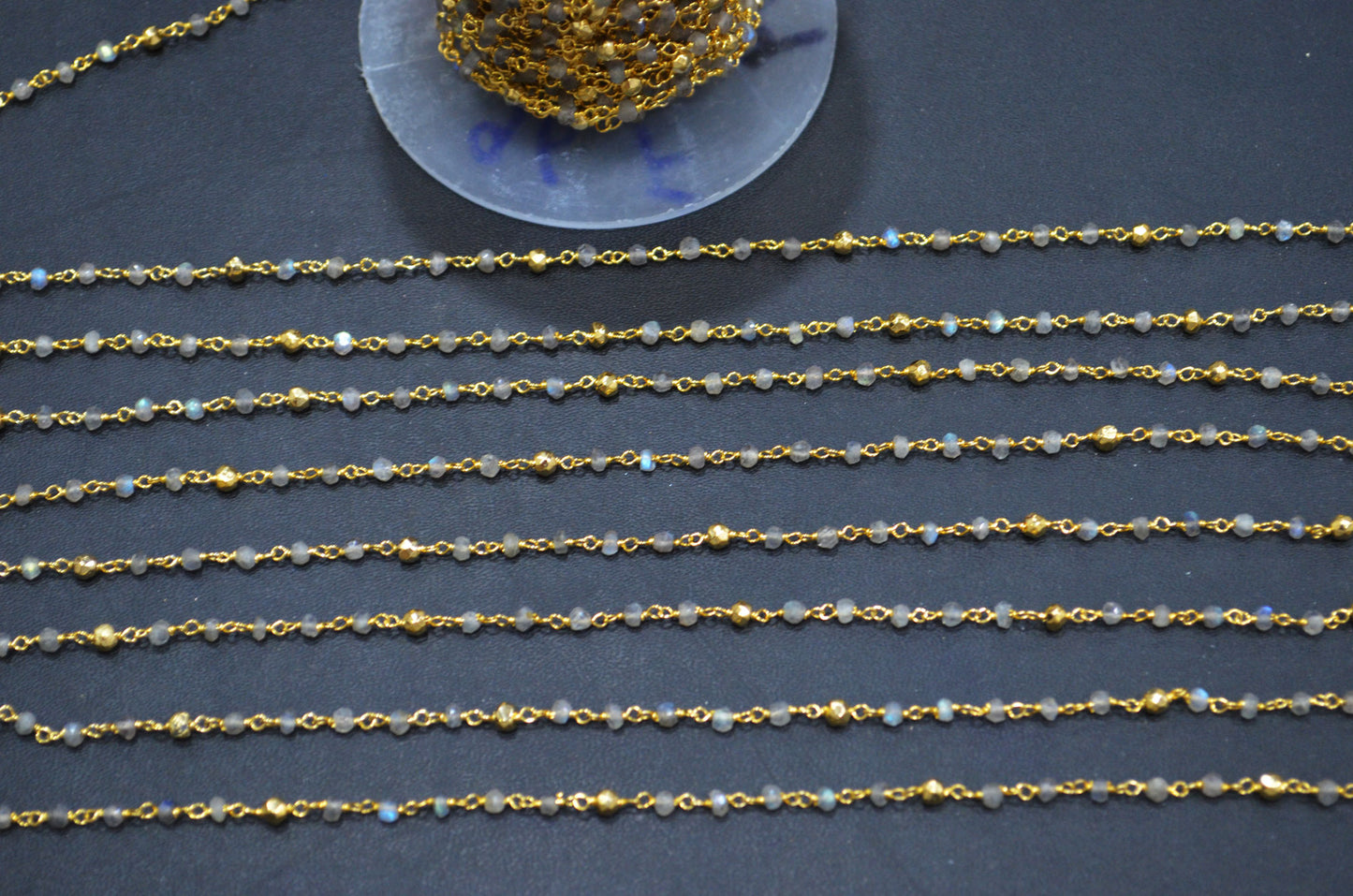 Labradorite Faceted Rondelle Shape Rosary Beaded Chain , Labradorite With Gold Pyrite Rondelle Wire Wrapped Chain , 3 - 3.25 mm , RB-5734