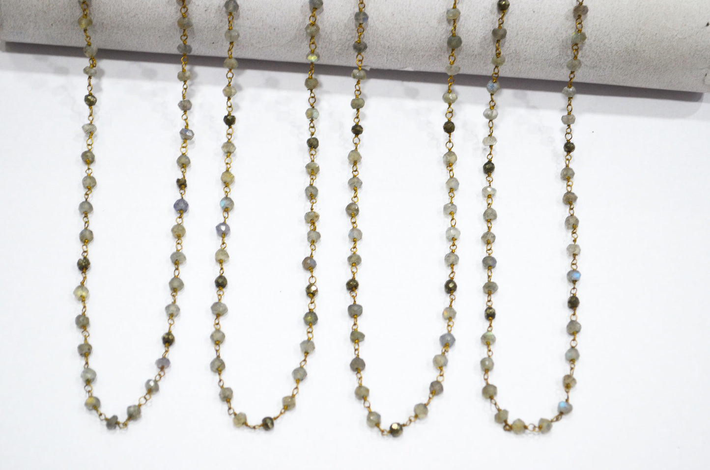 Labradorite Faceted Rondelle Shape Rosary Beaded Chain , Labradorite With Gold Pyrite Rondelle Wire Wrapped Chain , 3.50 - 4 mm , RB-5735