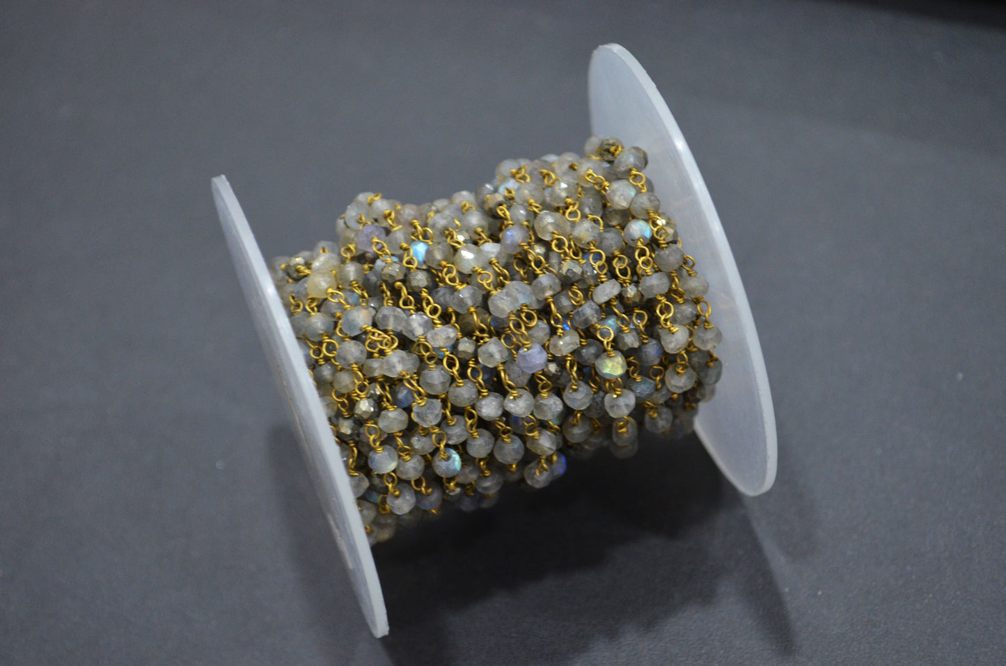 Labradorite Faceted Rondelle Shape Rosary Beaded Chain , Labradorite With Gold Pyrite Rondelle Wire Wrapped Chain , 3.50 - 4 mm , RB-5735