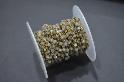 Labradorite Faceted Rondelle Shape Rosary Beaded Chain , Labradorite With Gold Pyrite Rondelle Wire Wrapped Chain , 3.50 - 4 mm , RB-5735