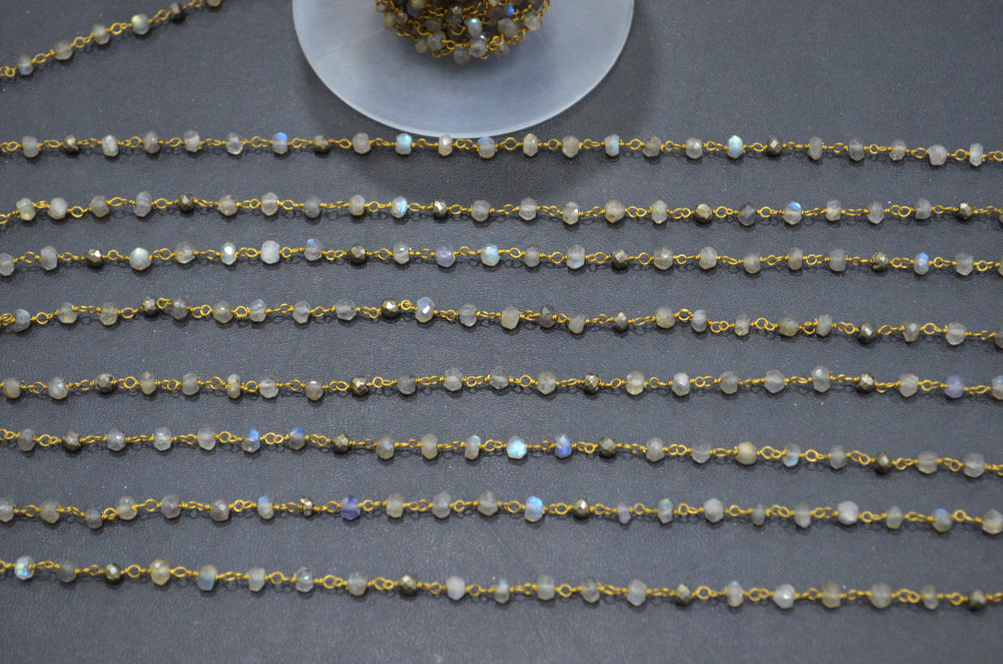 Labradorite Faceted Rondelle Shape Rosary Beaded Chain , Labradorite With Gold Pyrite Rondelle Wire Wrapped Chain , 3.50 - 4 mm , RB-5735