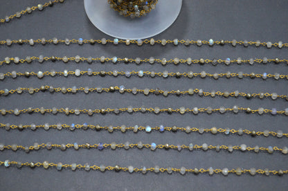 Labradorite Faceted Rondelle Shape Rosary Beaded Chain , Labradorite With Gold Pyrite Rondelle Wire Wrapped Chain , 3.50 - 4 mm , RB-5735