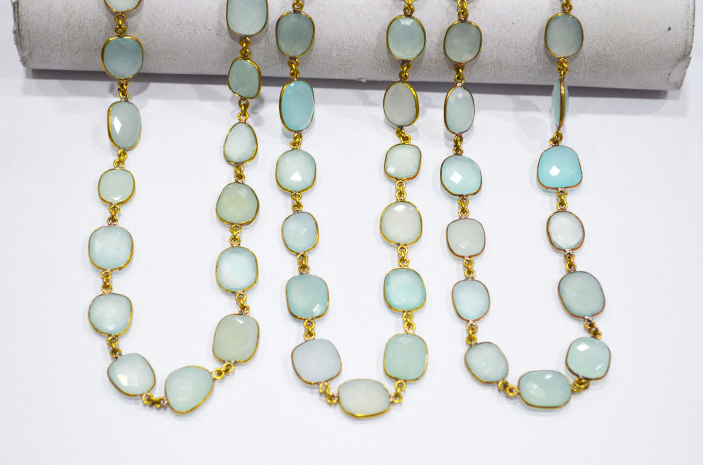 Aqua Chalcedony Faceted Slice Shape Connector Chain , 12 - 15 mm , RB-5737