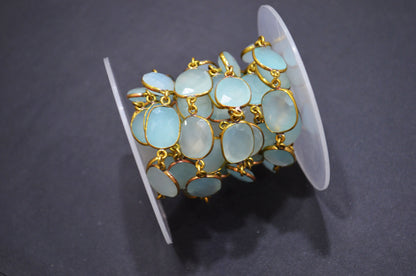 Aqua Chalcedony Faceted Slice Shape Connector Chain , 12 - 15 mm , RB-5737