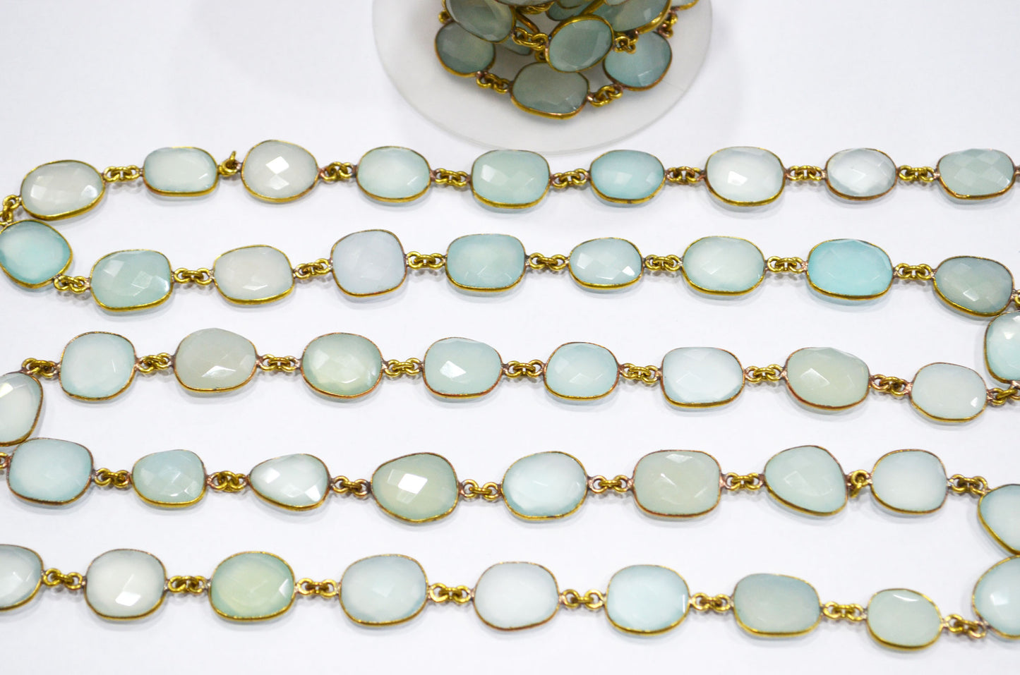 Aqua Chalcedony Faceted Slice Shape Connector Chain , 12 - 15 mm , RB-5737