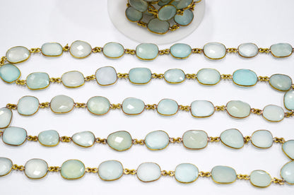Aqua Chalcedony Faceted Slice Shape Connector Chain , 12 - 15 mm , RB-5737