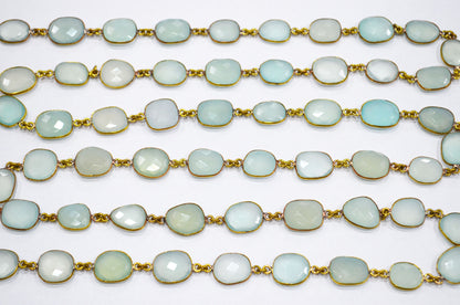 Aqua Chalcedony Faceted Slice Shape Connector Chain , 12 - 15 mm , RB-5737
