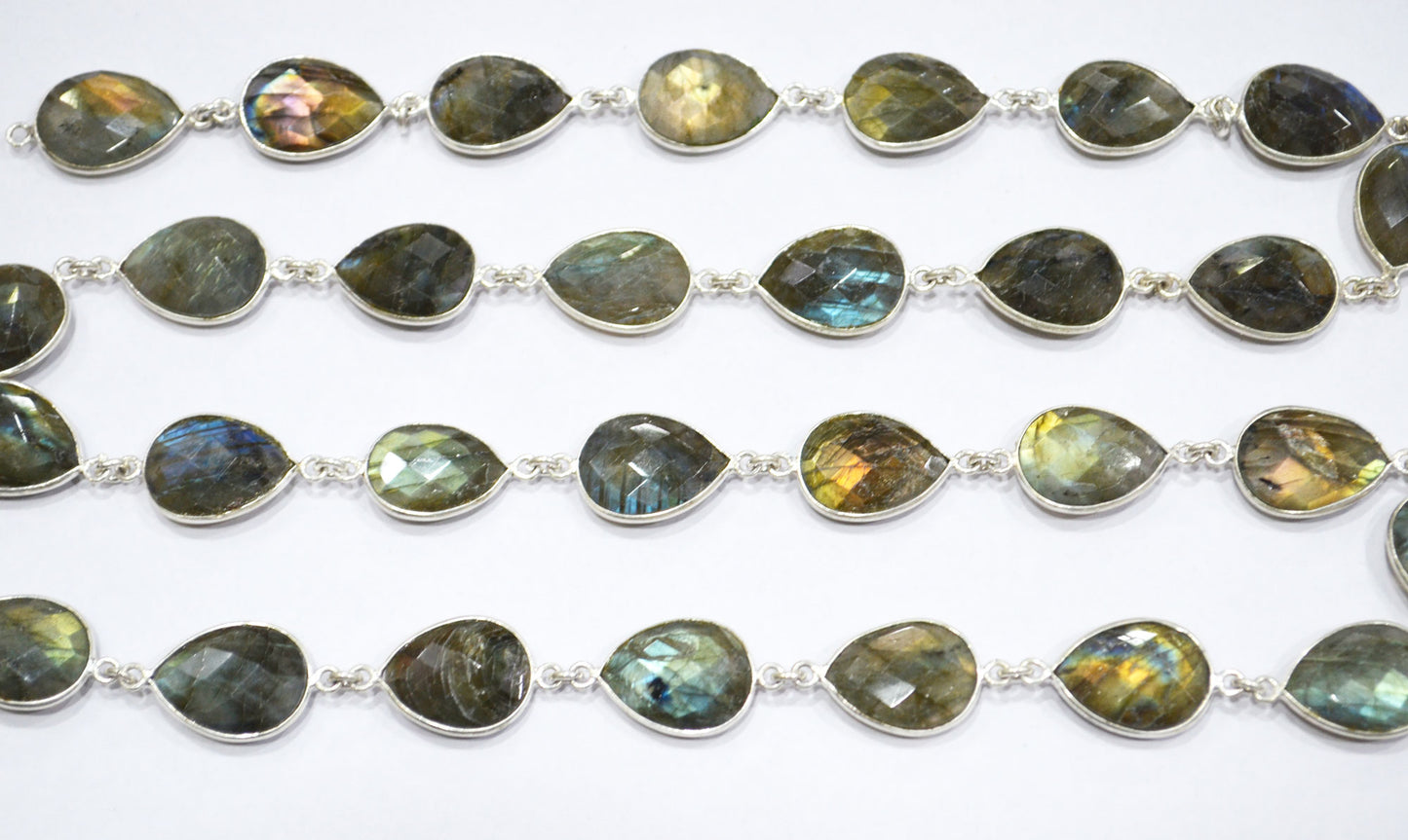 Labradorite Faceted Pear Shape Connector Chain , 13x16 mm , RB-5739