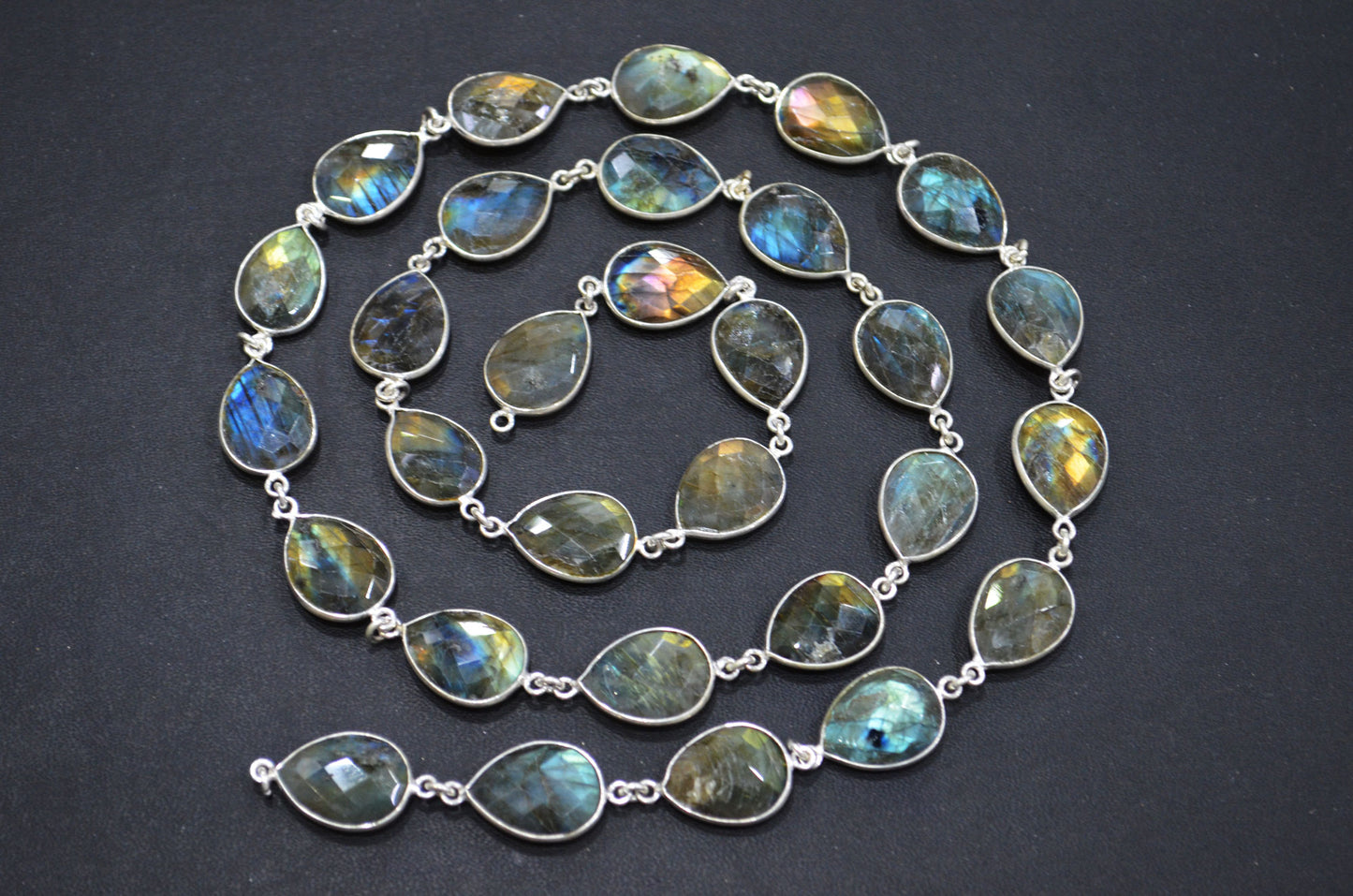 Labradorite Faceted Pear Shape Connector Chain , 13x16 mm , RB-5739