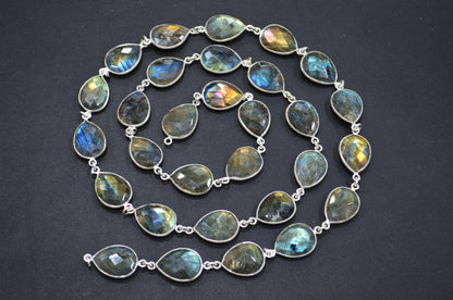 Labradorite Faceted Pear Shape Connector Chain , 13x16 mm , RB-5739