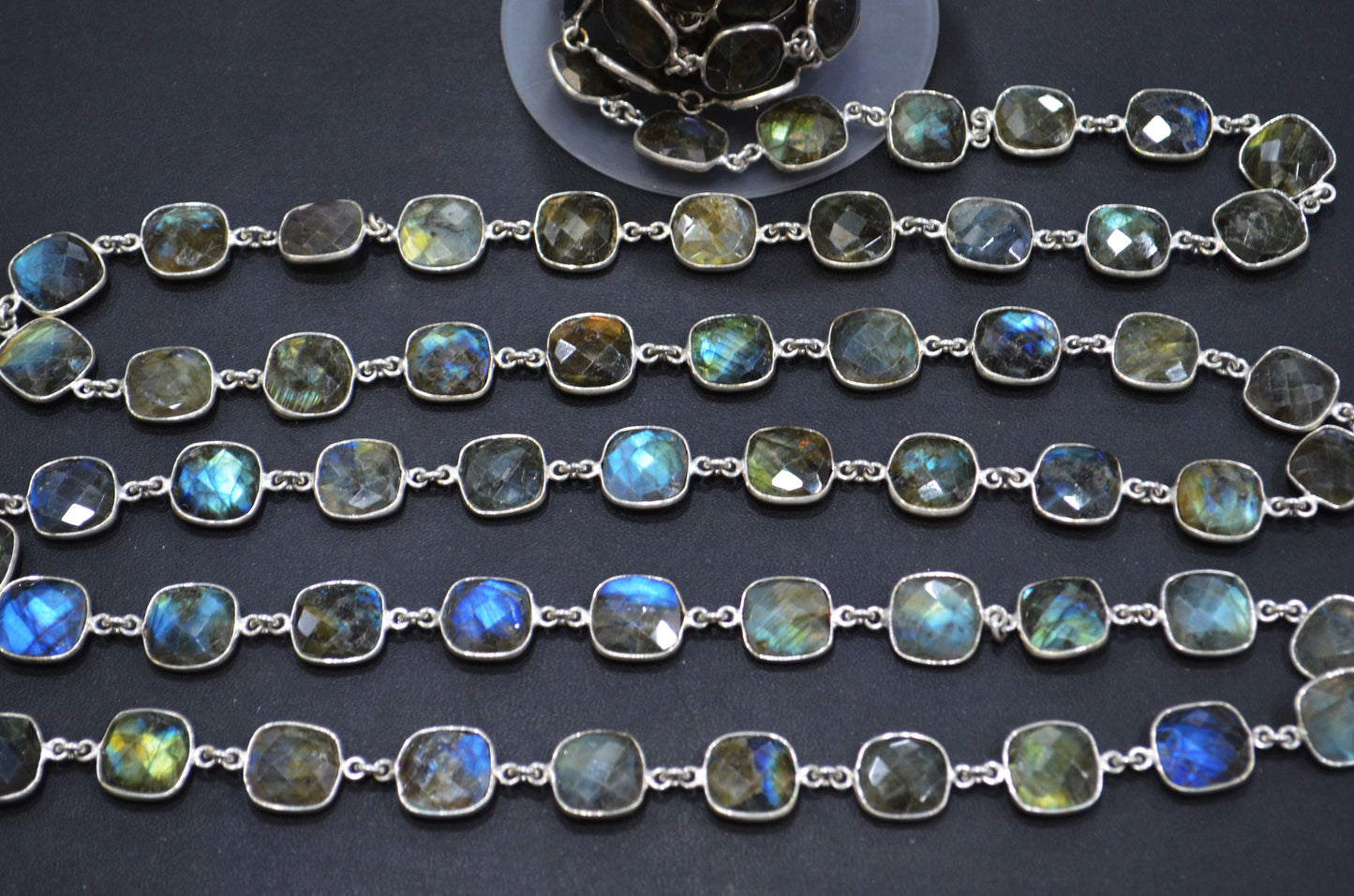 Labradorite Faceted Cushion Shape Connector Chain , 12 - 13 mm , RB-5740