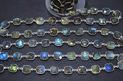 Labradorite Faceted Cushion Shape Connector Chain , 12 - 13 mm , RB-5740