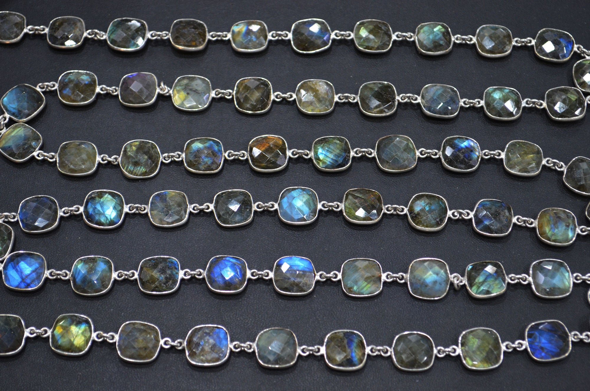 Labradorite Faceted Cushion Shape Connector Chain , 12 - 13 mm , RB-5740