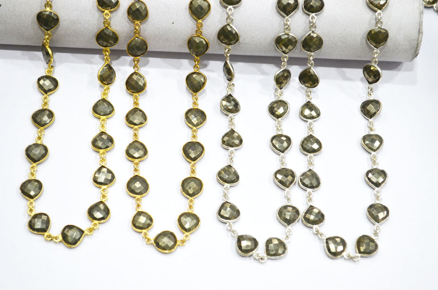 Natural Pyrite Faceted Heart Shape Connector Chain , 10 mm , RB-5742