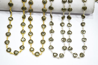 Natural Pyrite Faceted Heart Shape Connector Chain , 10 mm , RB-5742