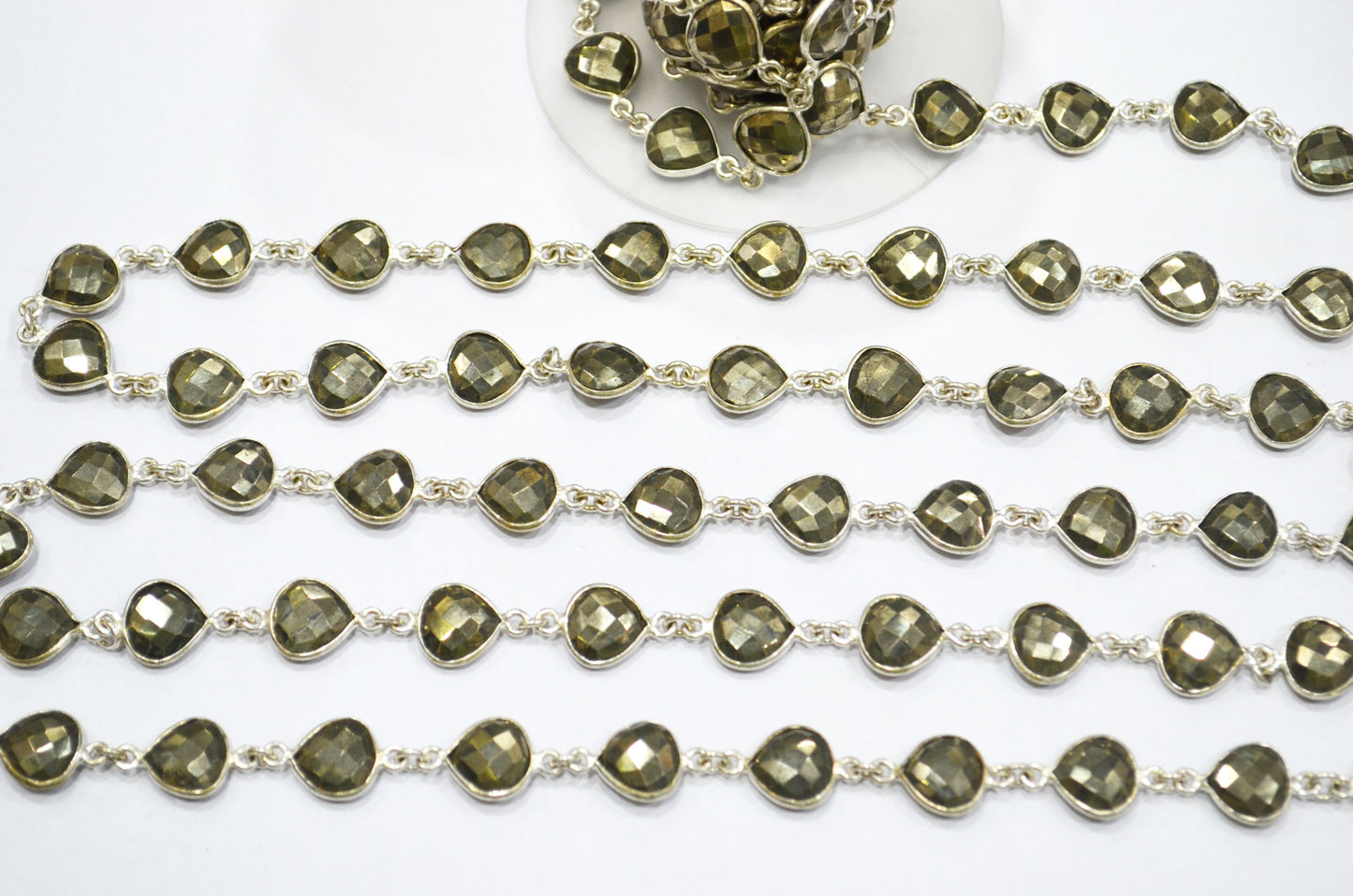 Natural Pyrite Faceted Heart Shape Connector Chain , 10 mm , RB-5742