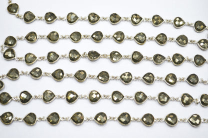 Natural Pyrite Faceted Heart Shape Connector Chain , 10 mm , RB-5742