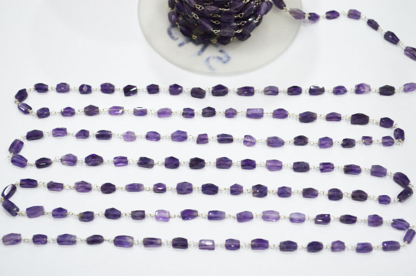 Amethyst Faceted Barrel Shape Rosary Beaded Chain , 5 - 9 mm , RB-5743