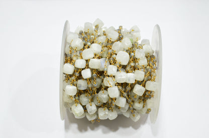 Rainbow Moonstone Faceted Cube Shape Rosary Beaded Chain , Labradorite Rondelle Shape Wire Wrapped Chain , 3 - 3.50 mm , RB-5744