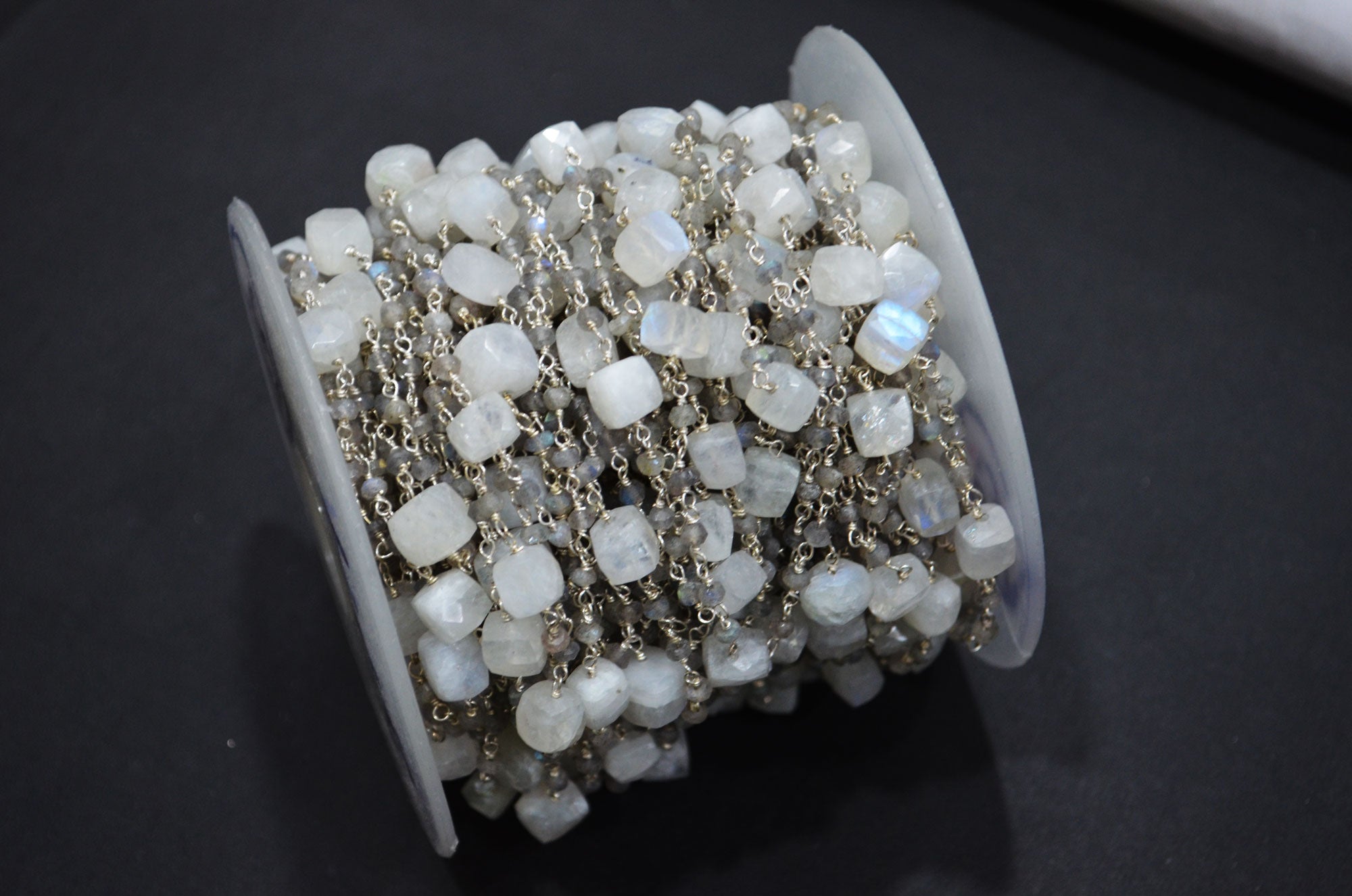 Rainbow Moonstone Faceted Cube Shape Rosary Beaded Chain , Labradorite Rondelle Shape Wire Wrapped Chain , 3 - 3.50 mm , RB-5744