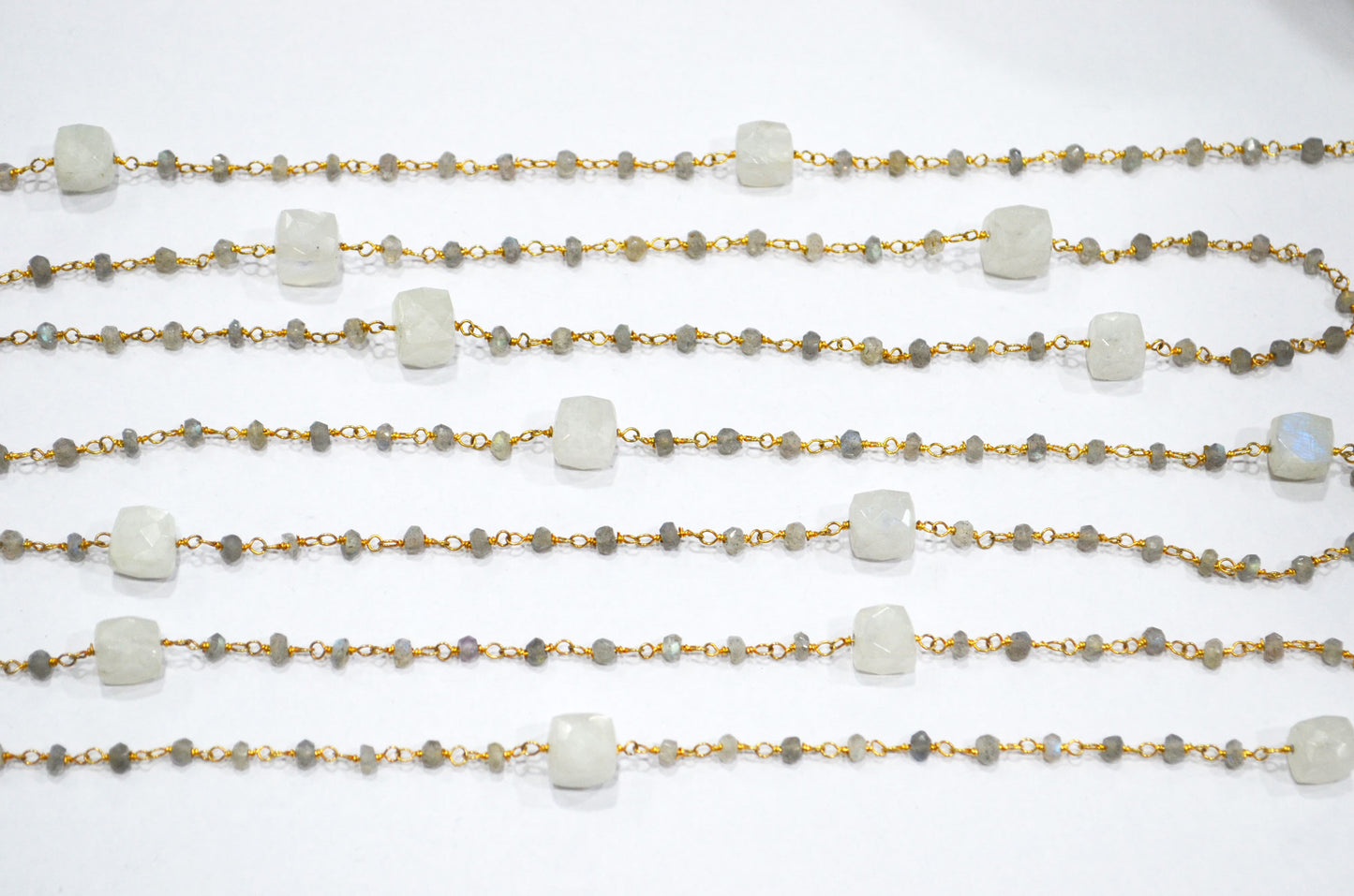 Rainbow Moonstone Faceted Cube Shape Rosary Beaded Chain , Labradorite Rondelle Shape Wire Wrapped Chain , 3 - 3.50 mm , RB-5744