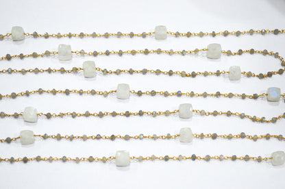 Rainbow Moonstone Faceted Cube Shape Rosary Beaded Chain , Labradorite Rondelle Shape Wire Wrapped Chain , 3 - 3.50 mm , RB-5744