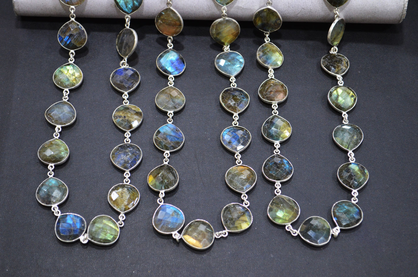 Labradorite Faceted Heart Shape Connector Chain , 15 - 16 mm , RB-5745