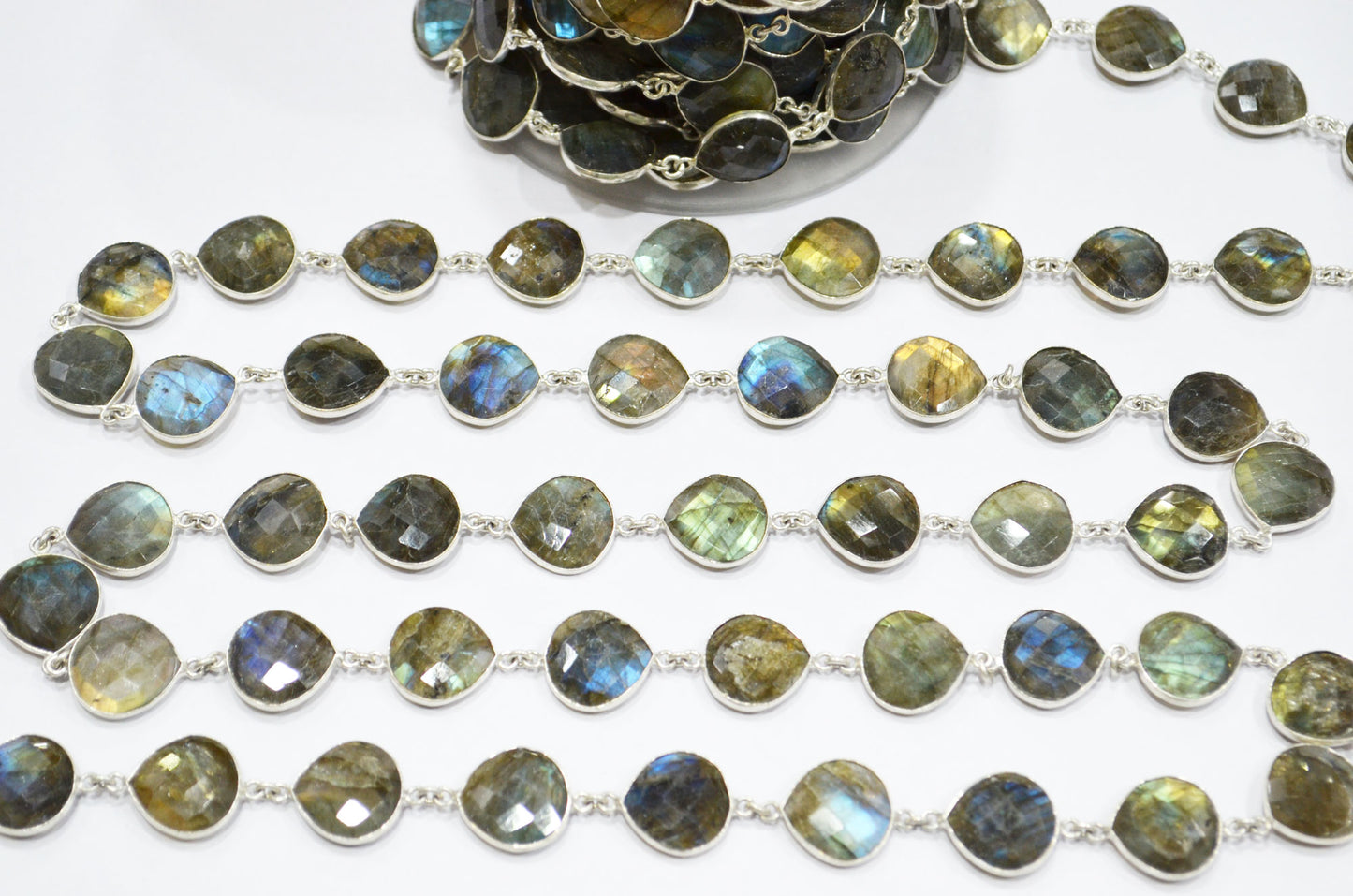 Labradorite Faceted Heart Shape Connector Chain , 15 - 16 mm , RB-5745