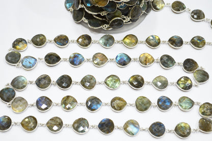 Labradorite Faceted Heart Shape Connector Chain , 15 - 16 mm , RB-5745