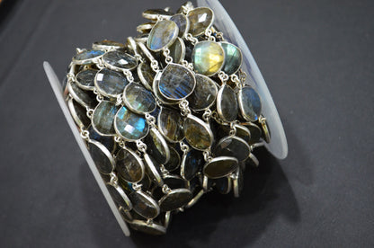 Labradorite Faceted Heart Shape Connector Chain , 15 - 16 mm , RB-5745