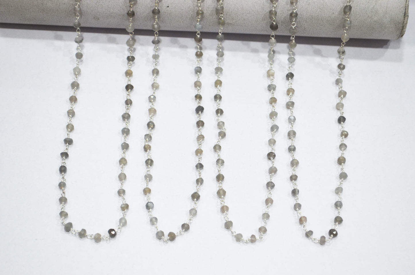 Gray Moonstone Faceted Rondelle Shape Rosary Beaded Chain , 4 - 4.50 mm , RB-5747