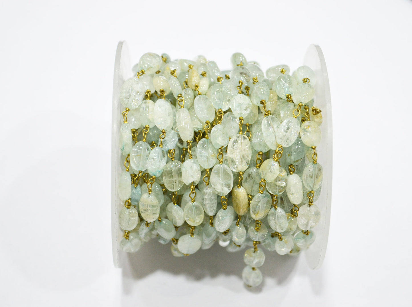 Aquamarine Smooth Oval Shape Rosary Beaded Chain , 7 - 10 mm , RB-5748