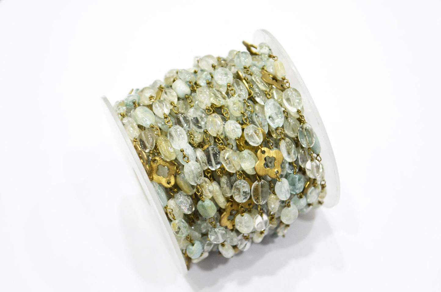 Aquamarine Smooth Oval Shape Rosary Beaded Chain , Aquamarine Oval With Quatrefoil Clover Wire Wrapped Chain , 6 - 9 mm , RB-5750